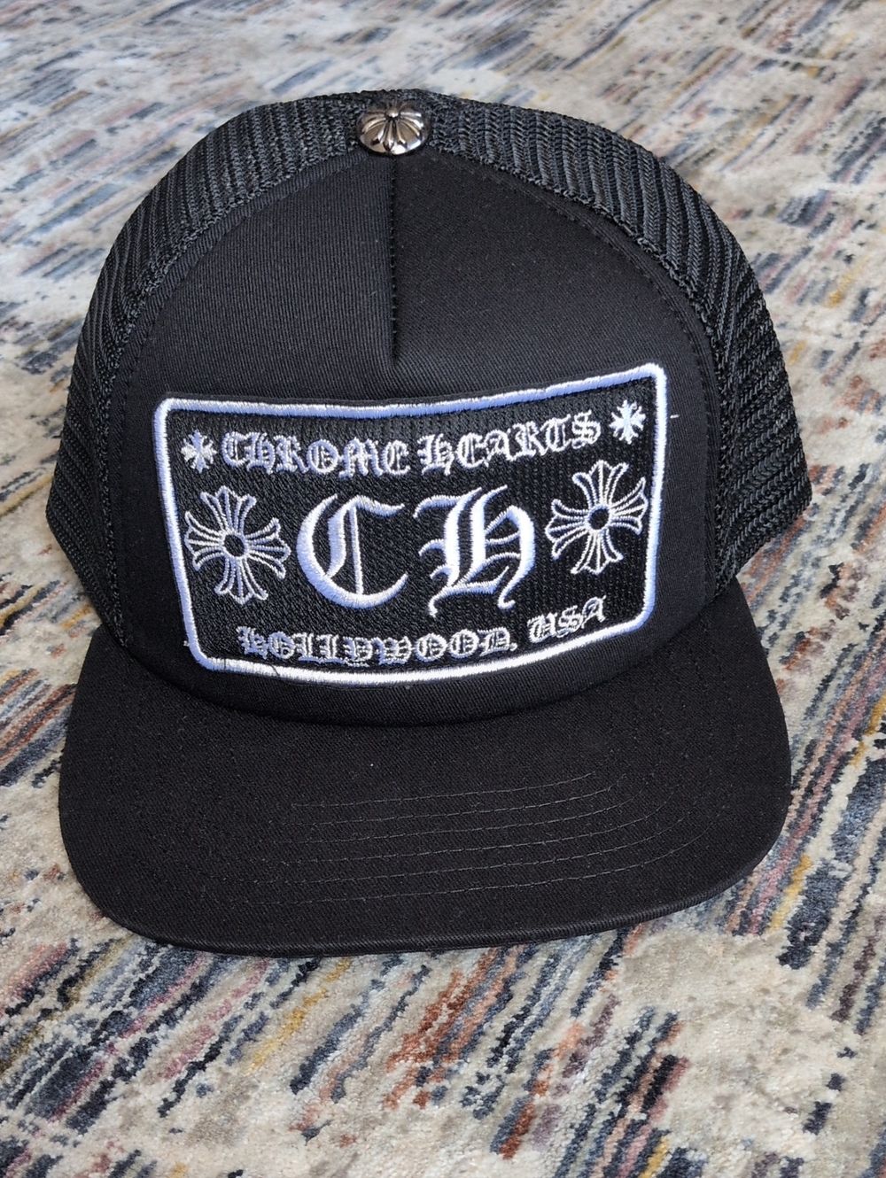Chrome Hearts Black Trucker Hat with White Embroidered Patch NWOT